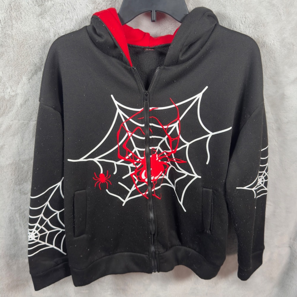 Shein Zip Up Hoodie Mens M Black Red Spiderweb‎ Gothcore Y2K Streetwear